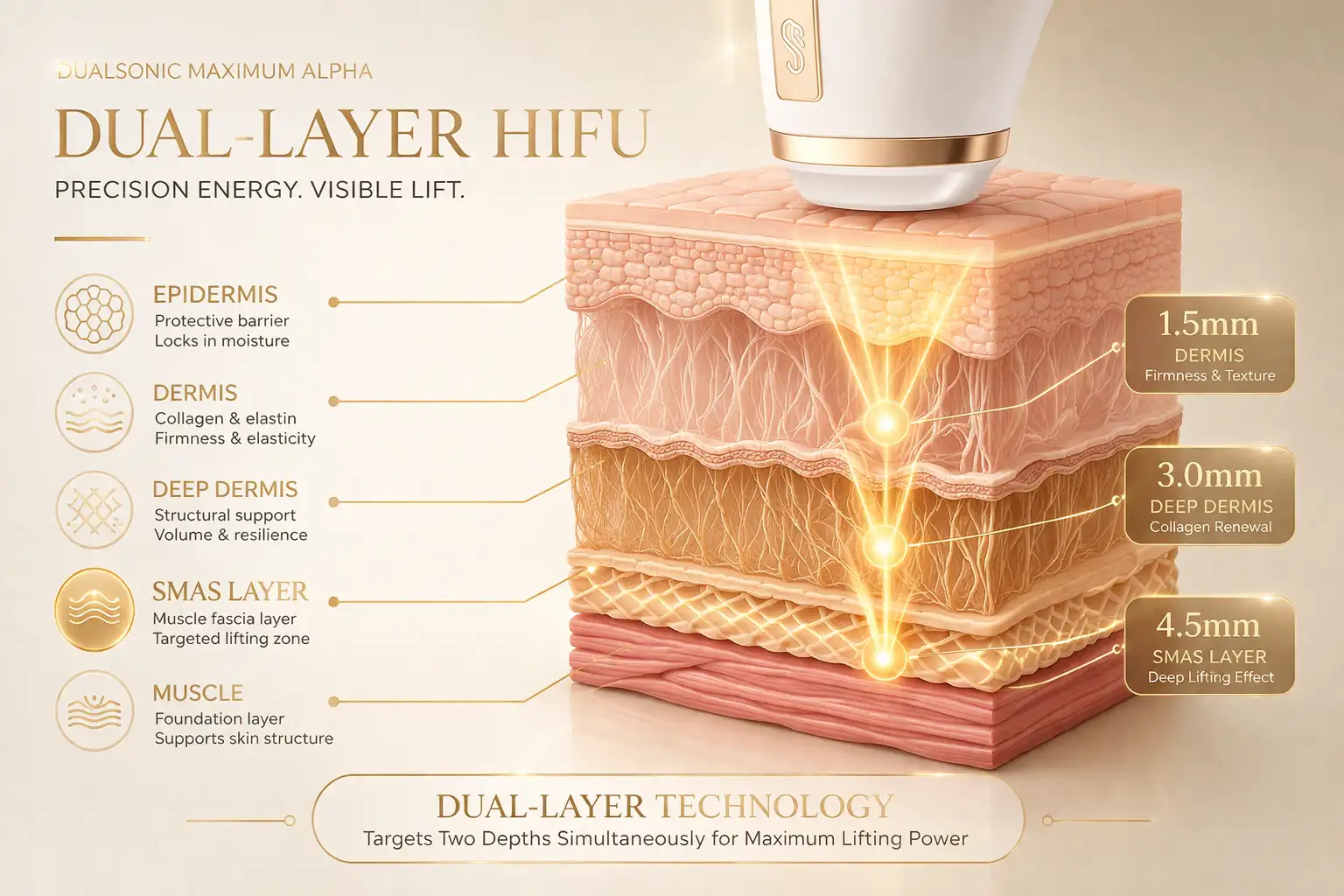 Skin layers diagram showing epidermis dermis SMAS and muscle