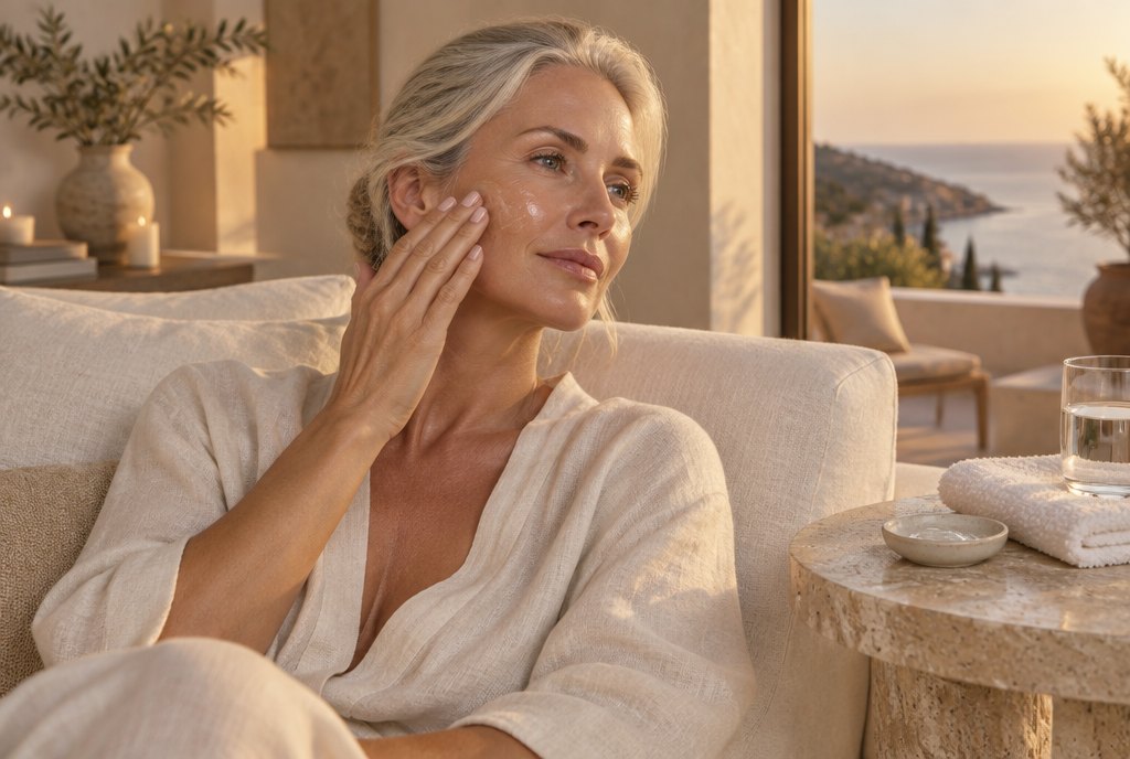 Woman in her fifties applying conductive gel to her cheek at home before an at-home HIFU skin tightening routine