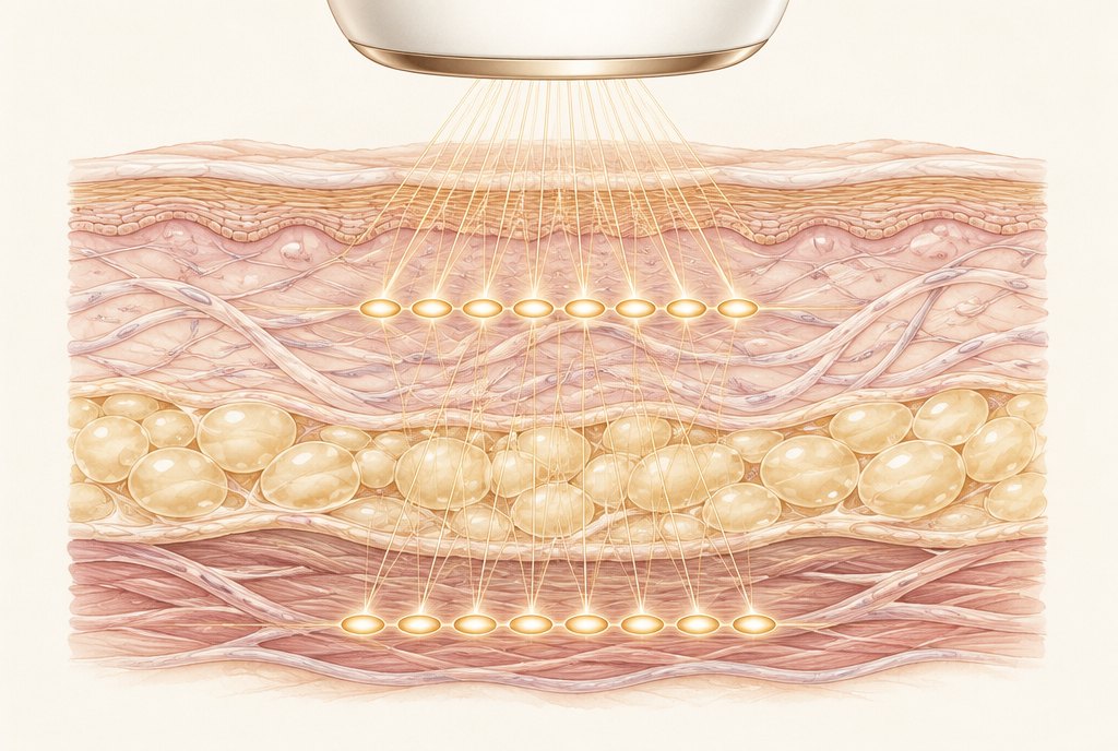 Illustration of dual-layer HIFU focal points in the dermis and the deeper SMAS lifting layer of facial skin
