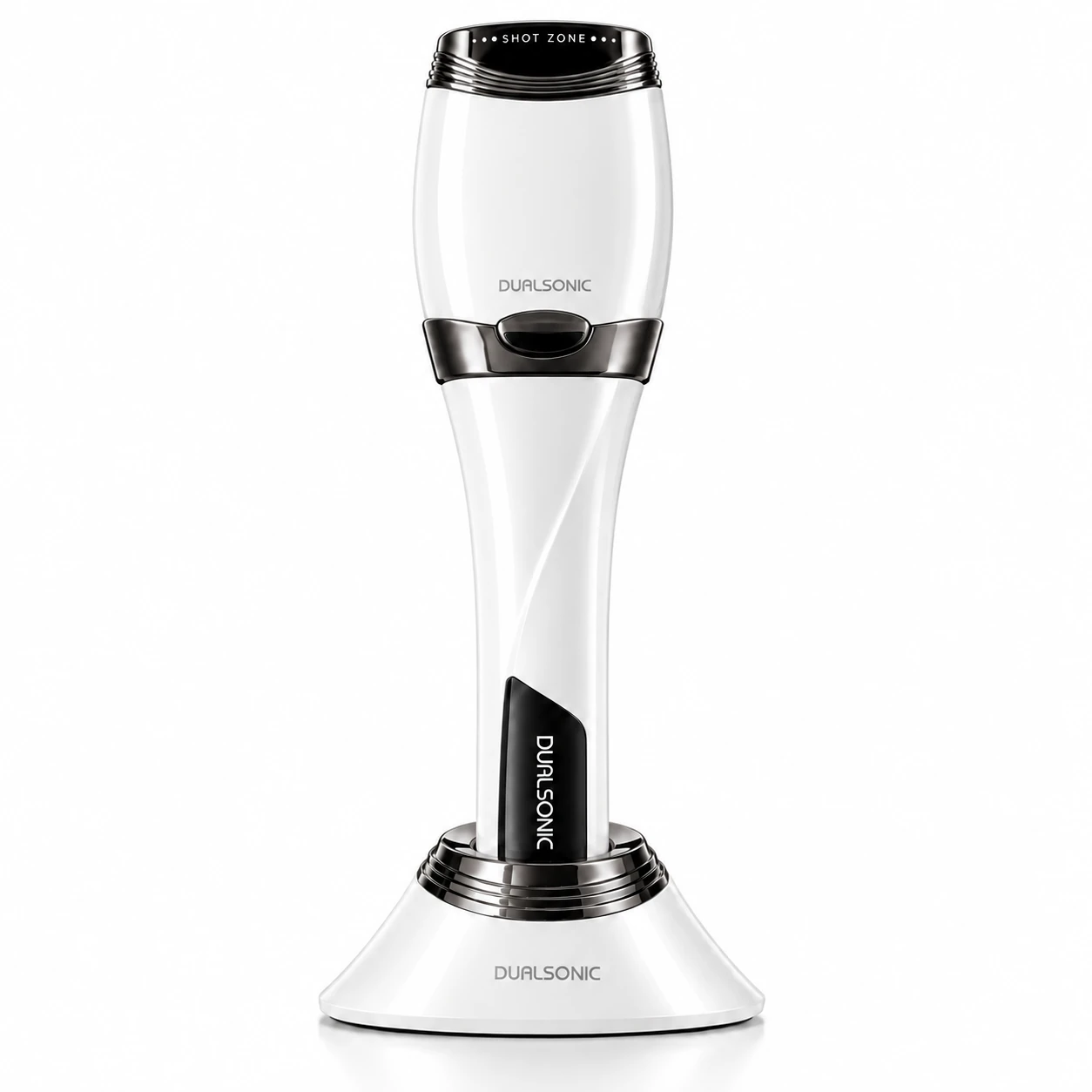 Appareil HIFU Dualsonic Optimum Ash posé sur son socle de charge blanc, vue de face sur fond blanc