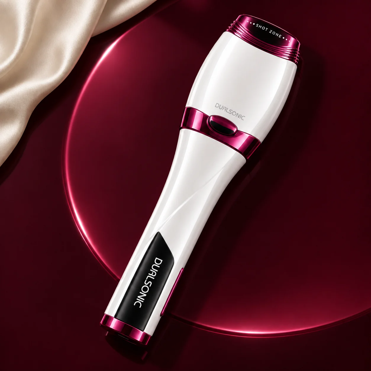 Dualsonic Optimum Ruby posé à plat sur un cercle bordeaux avec une soie crème
