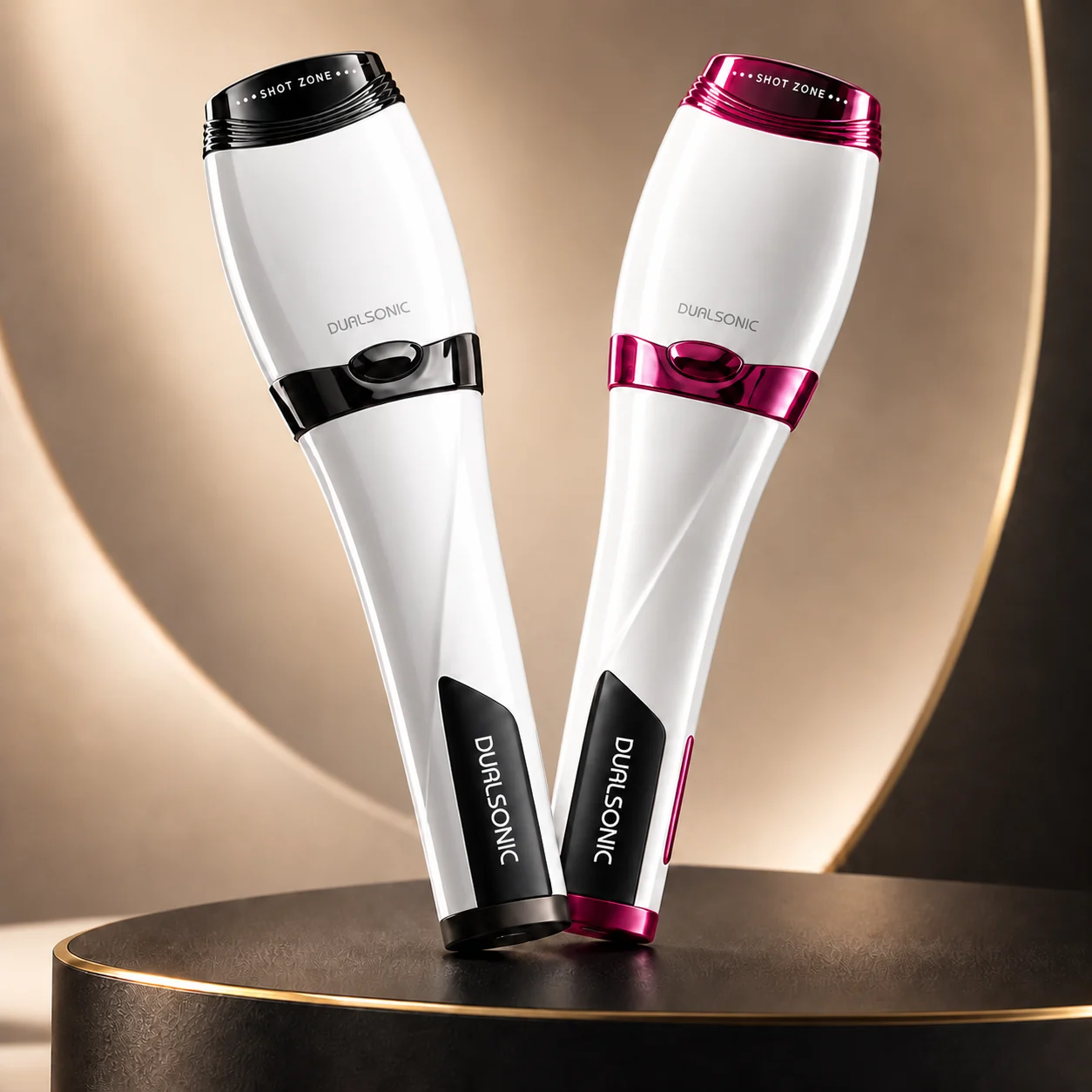 Appareils Dualsonic Optimum Ash et Ruby appuyés l'un contre l'autre sur un socle noir
