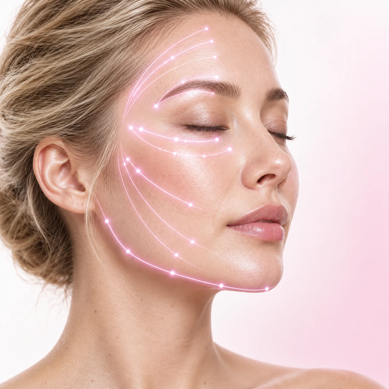 Lignes de lifting Dualsonic Optimum tracées sur le front, sous les yeux, les joues et l'ovale du visage d'une femme aux yeux fermés