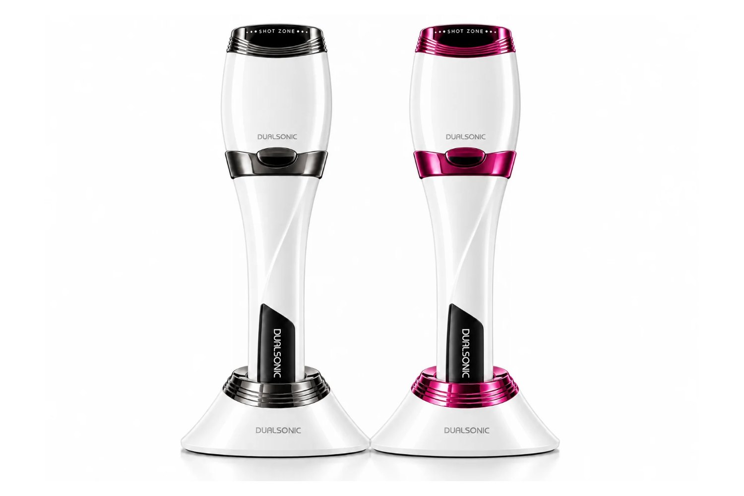 Dualsonic Optimum at-home HIFU device in Ash and Ruby finishes on charging cradles