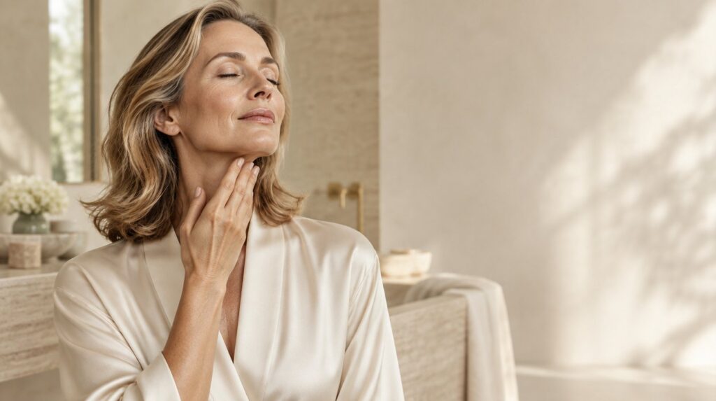 Woman in her forties tracing her firm jawline in a bright ivory bathroom after an at-home HIFU lifting session