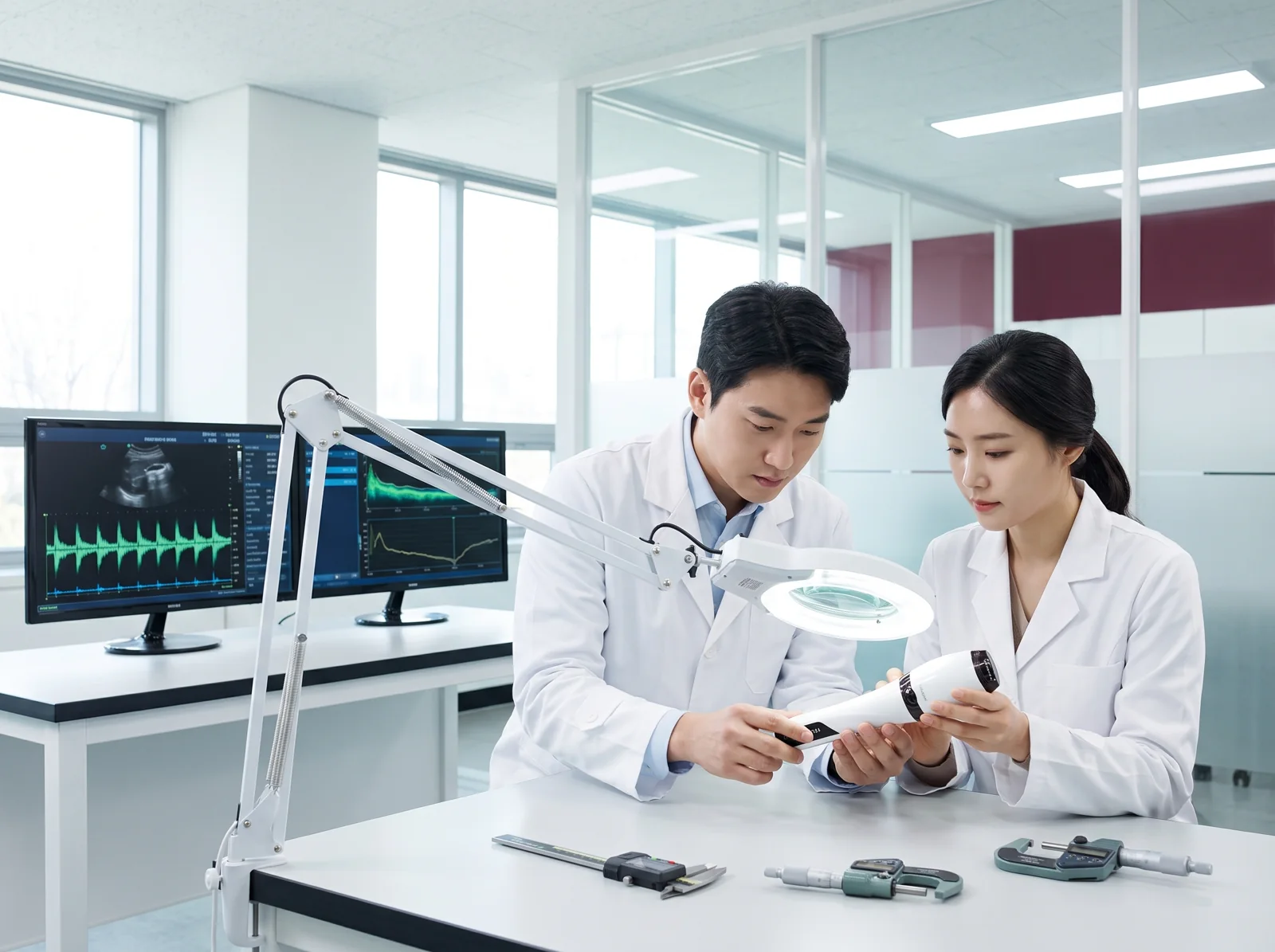 Deux ingénieurs Dualsonic en blouse blanche inspectant un Dualsonic Optimum sous une lampe dans le laboratoire R&D coréen