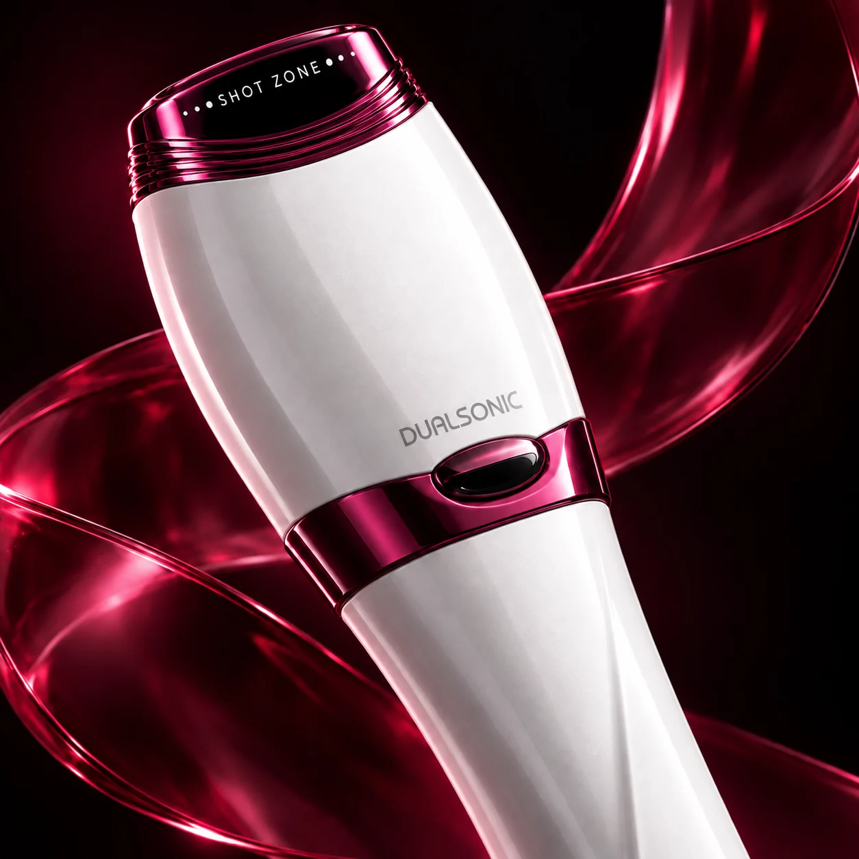 Dualsonic Optimum, gros plan sur la tête de tir avec un ruban de soie rubis en arrière-plan
