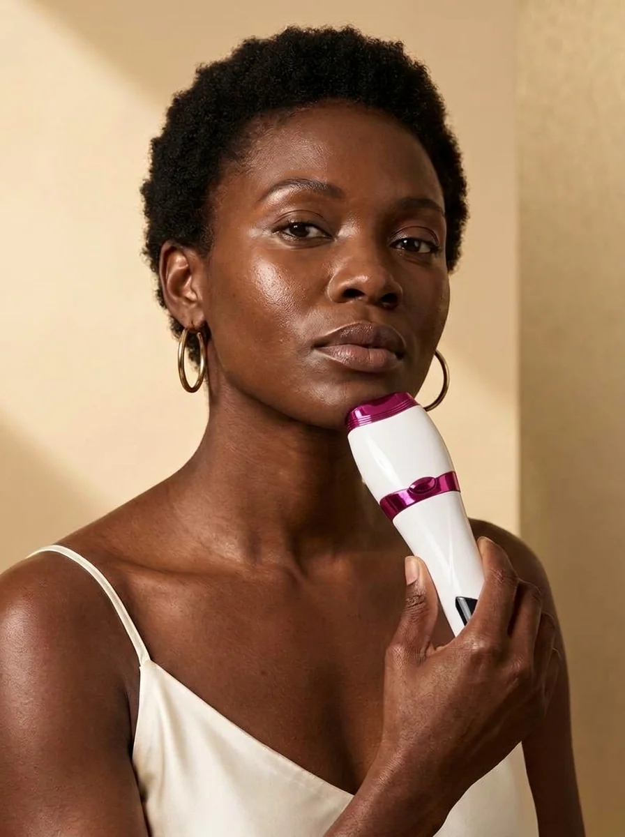 Femme tenant Dualsonic Optimum le long de l'ovale de son visage