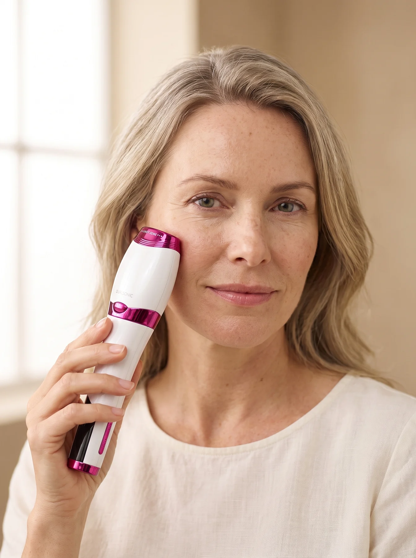 Femme tenant Dualsonic Optimum contre sa joue à la lumière du jour