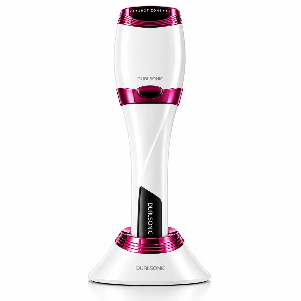 Appareil HIFU Dualsonic Optimum Ruby posé sur son socle de charge blanc, vue de face sur fond blanc