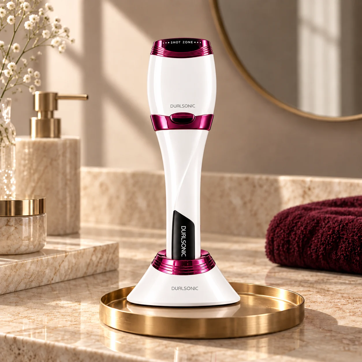 Dualsonic Optimum sur son socle, posé sur une coiffeuse en marbre avec un plateau doré et une serviette