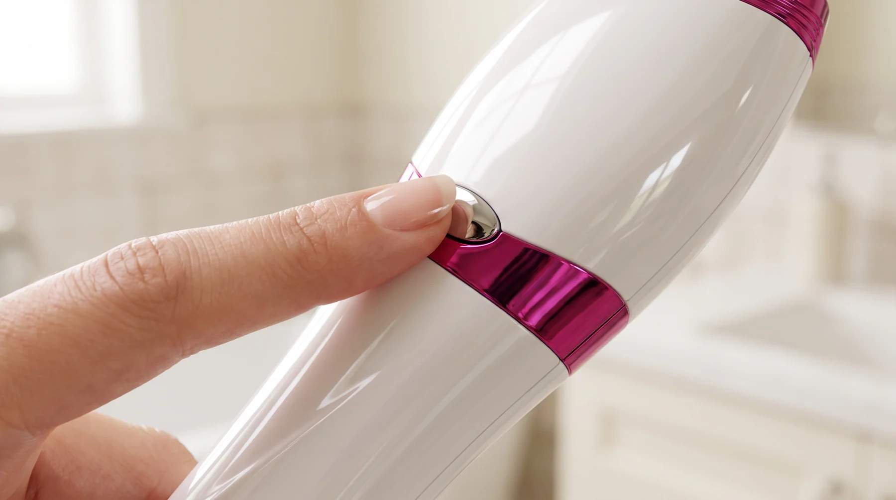 Doigt sur le bouton tir et scan du Dualsonic Optimum, gros plan sur la bague rubis