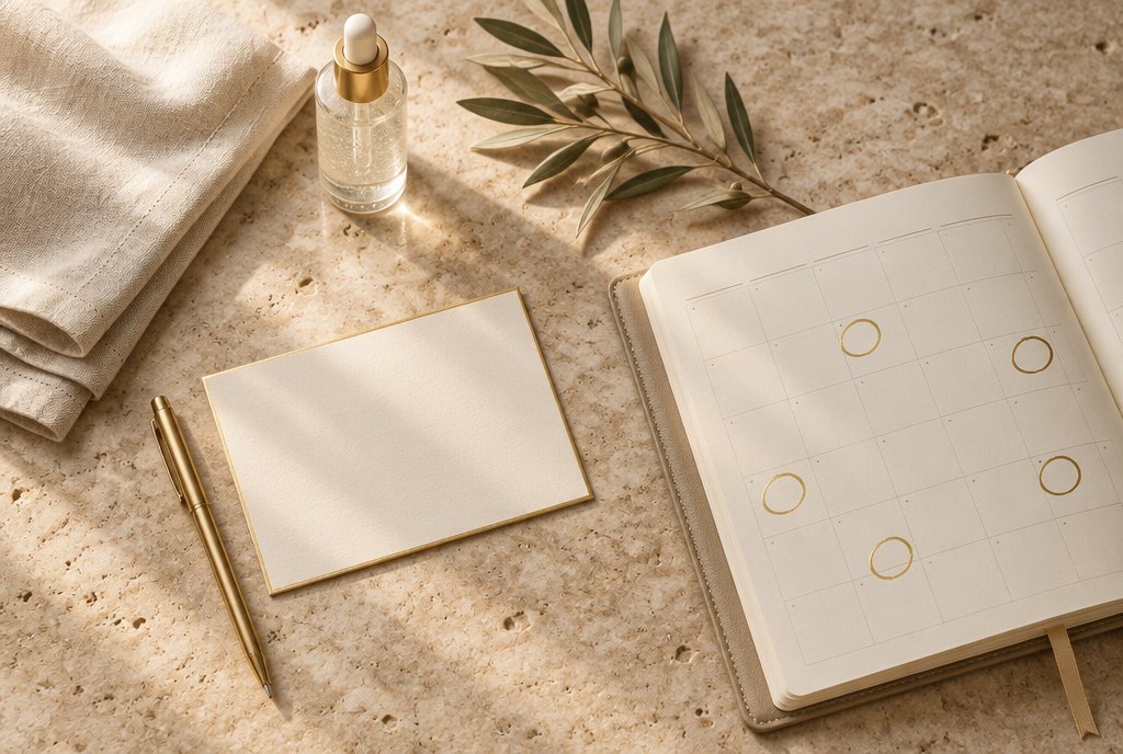 Ivory diary with treatment dates circled in gold beside a skincare gel bottle, representing a year of HIFU sessions