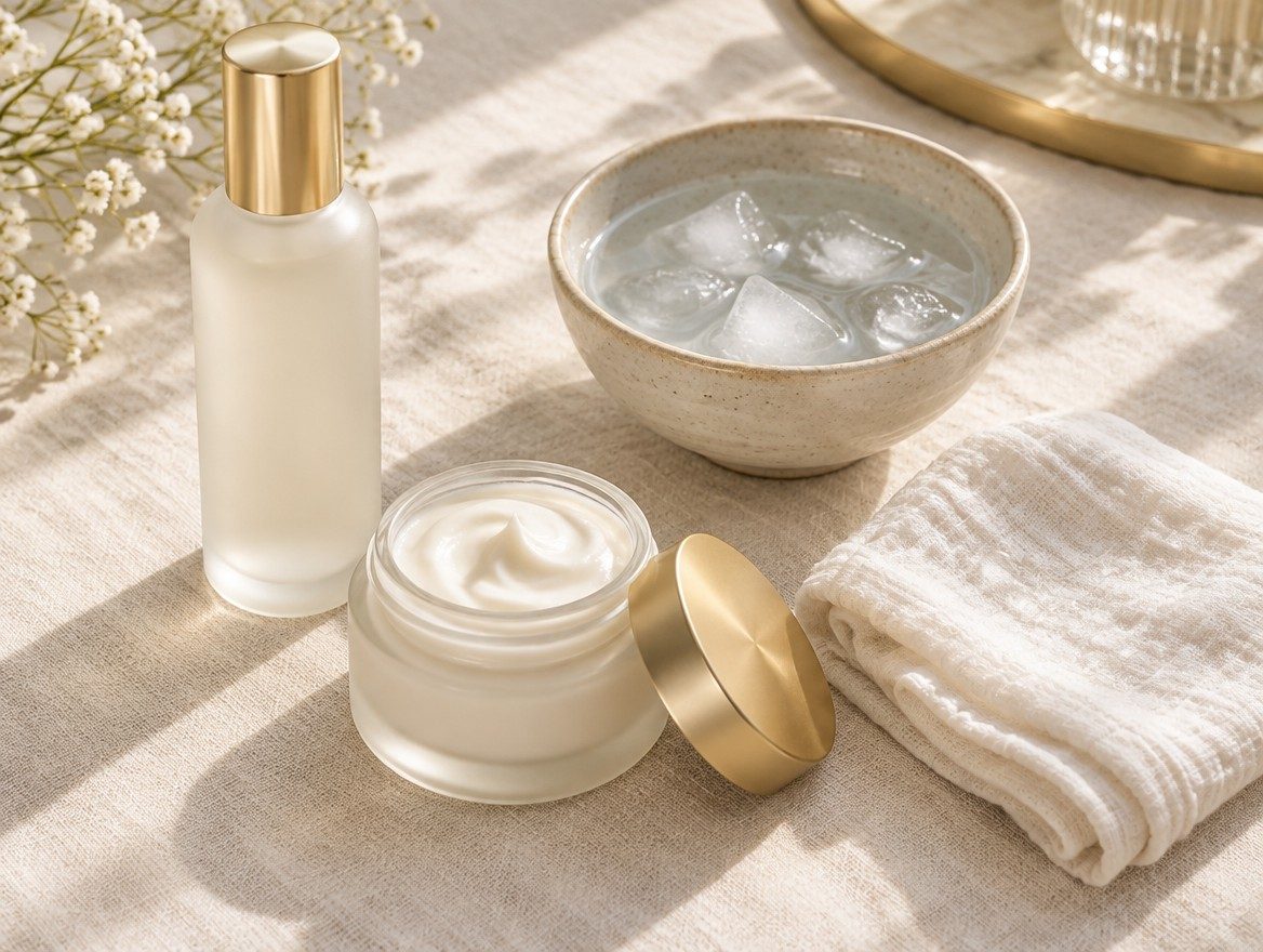 Gentle aftercare skincare with moisturiser and a soft towel after an at-home HIFU session
