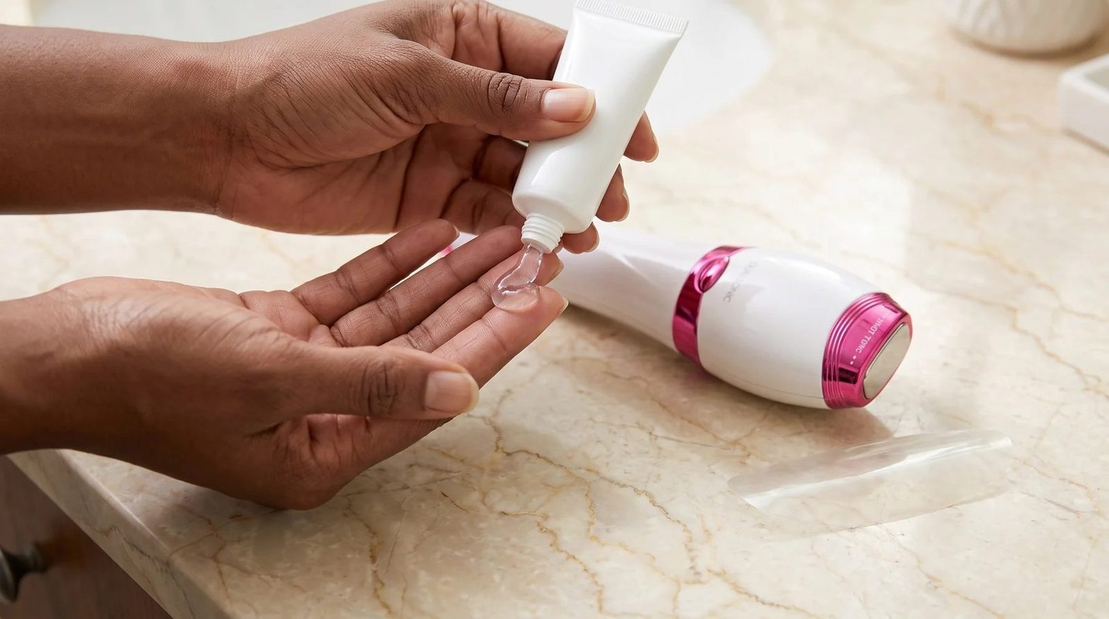 Hands applying a generous layer of clear conductive ultrasound gel before using the Dualsonic Optimum