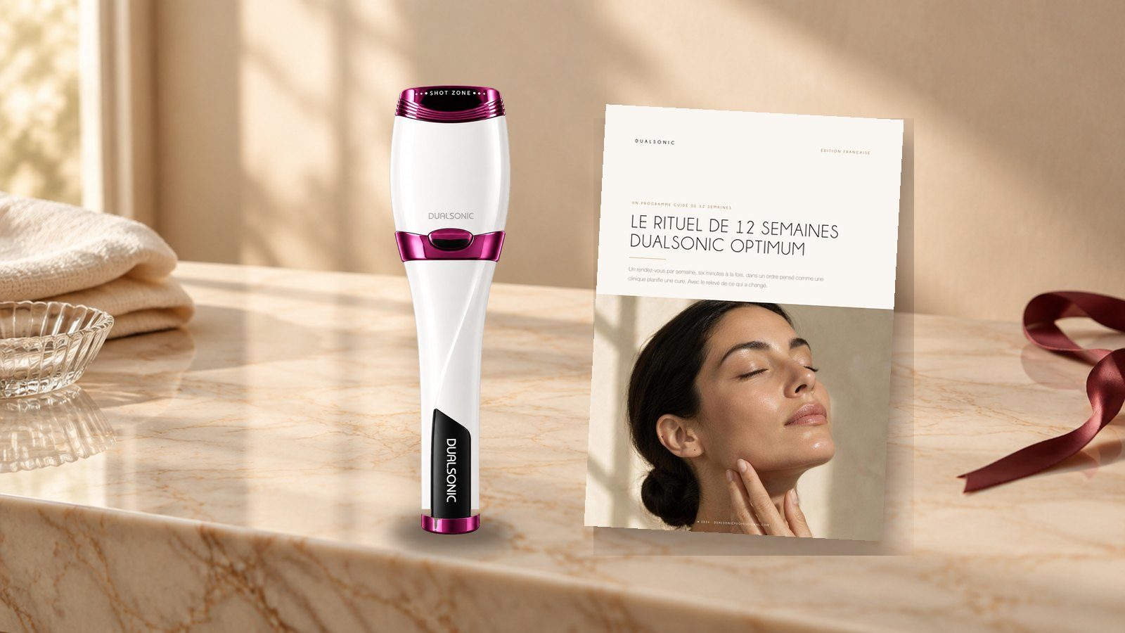 Appareil HIFU Dualsonic Optimum à côté du guide du Rituel de 12 Semaines sur une coiffeuse en marbre ivoire