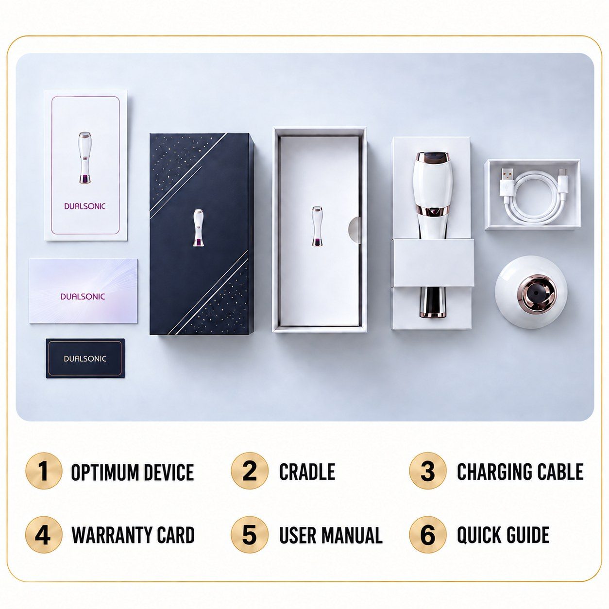 Contents of the Dualsonic Optimum box: device, charging cradle, USB-C cable, warranty card and user manual
