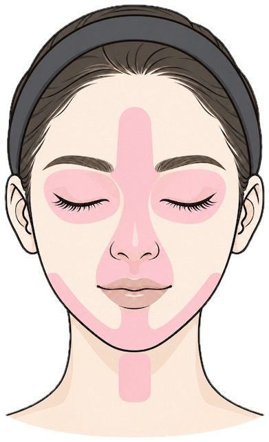 Face map with pink areas that must never be treated with HIFU: between the brows, eyes, nose, lips and centre of the throat