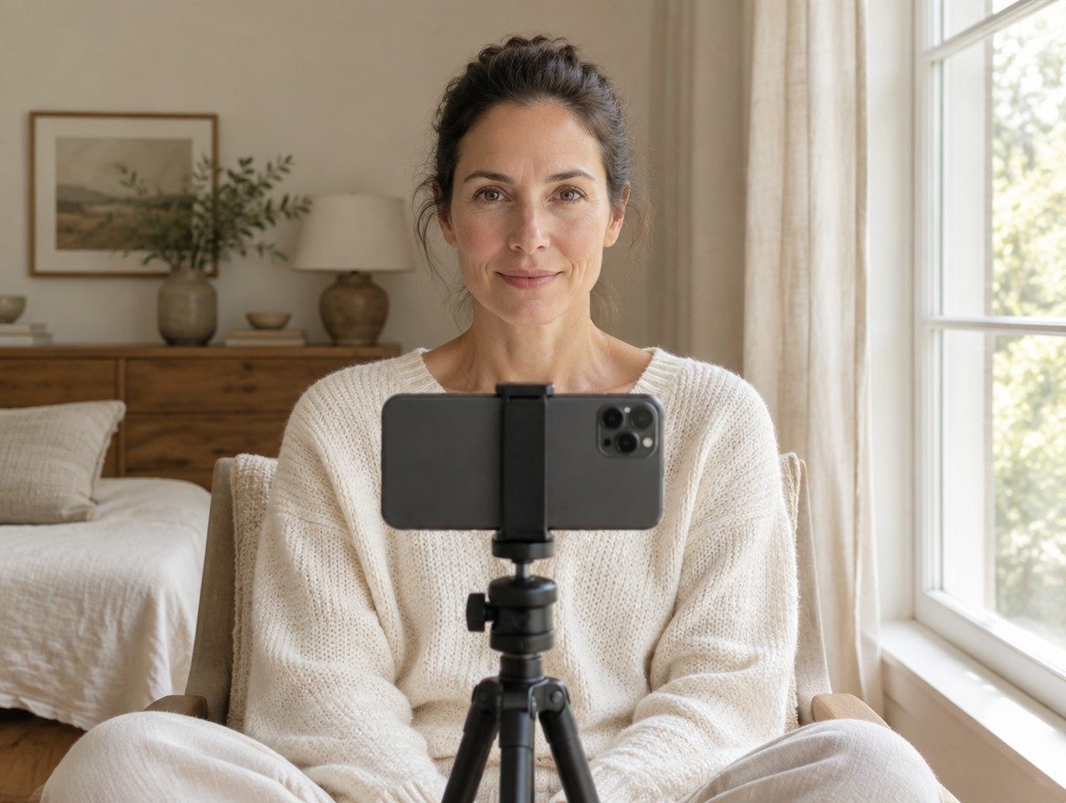 Woman taking progress photographs with a phone on a tripod in window light to track HIFU results