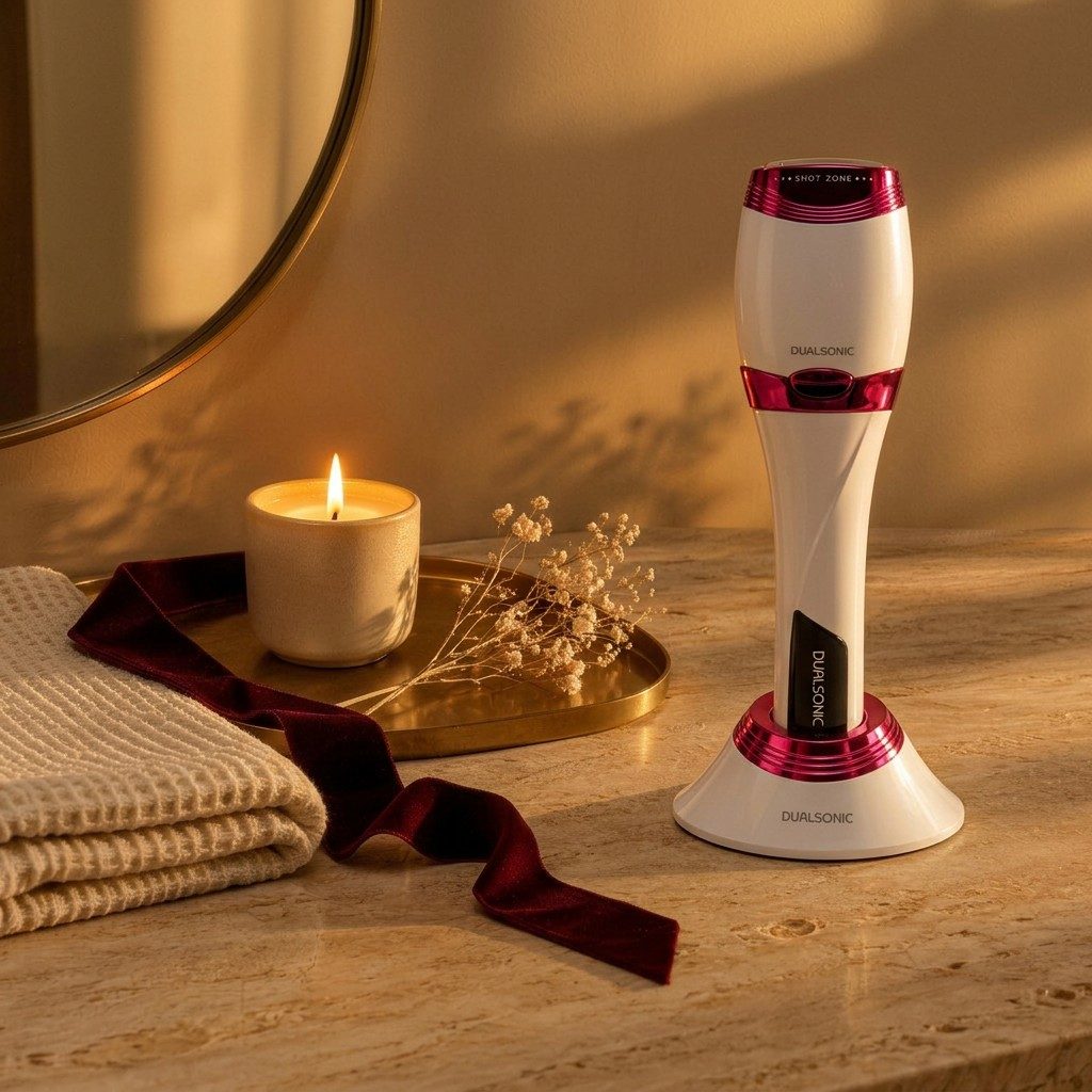Dualsonic Optimum on its charging stand beside a candle on a bathroom vanity on a Sunday evening