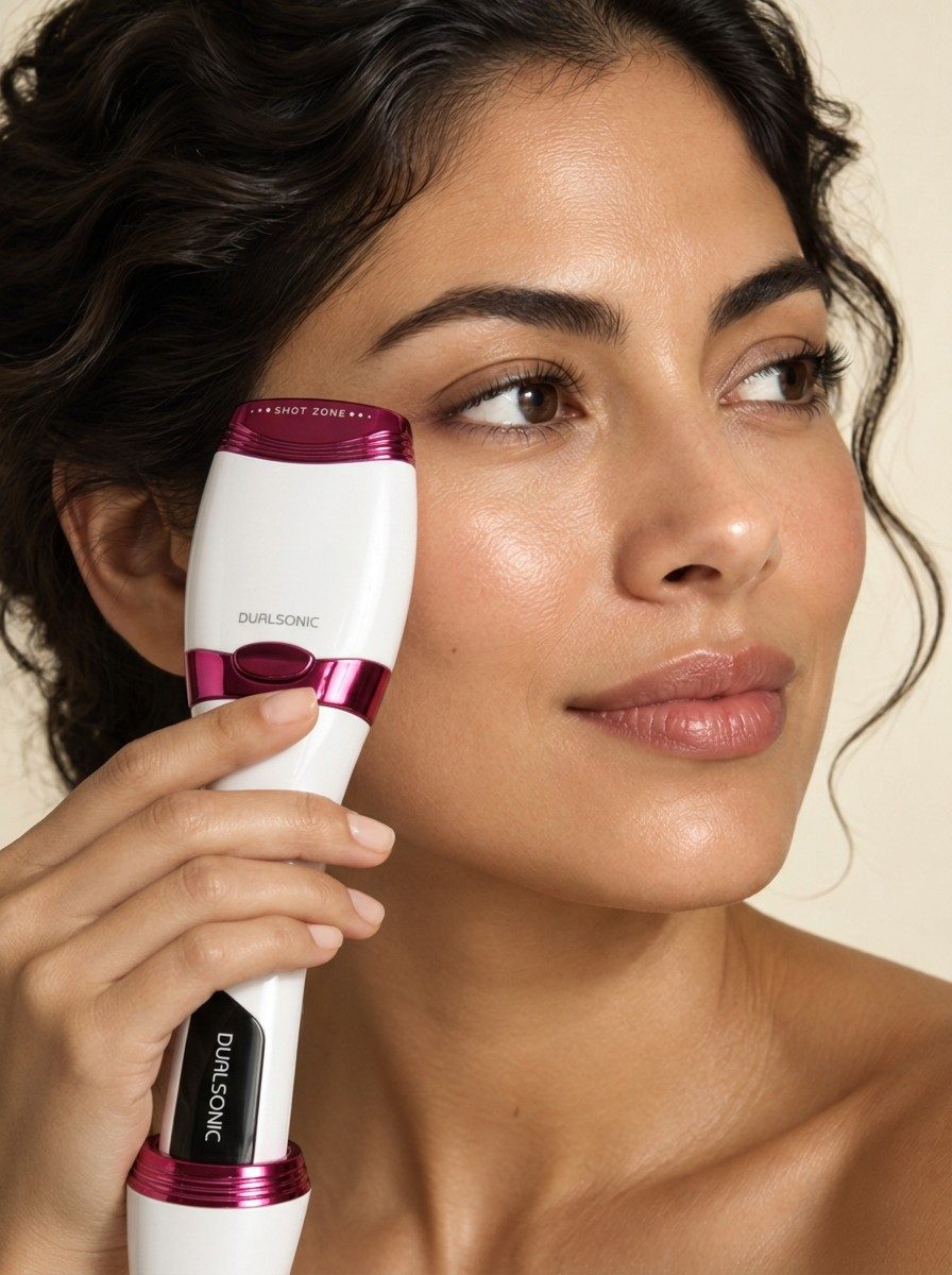 Woman at a softly lit vanity holding the Dualsonic Optimum during her weekly HIFU ritual